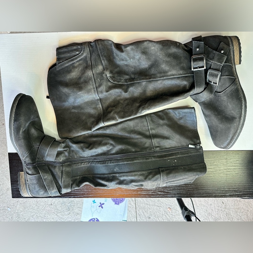Black Knee-High Buckle Boots, Size 12, Faux Leather, Gently Used